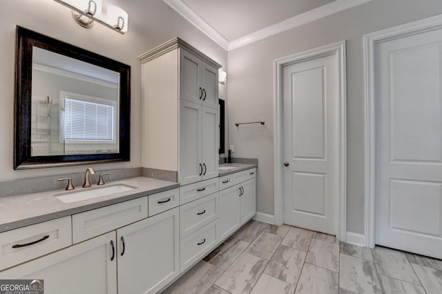 919 Olmsted Ln, Johns Creek, GA 30097 - full bath featuring marble finish floor, ornamental molding, double vanity, and a sink