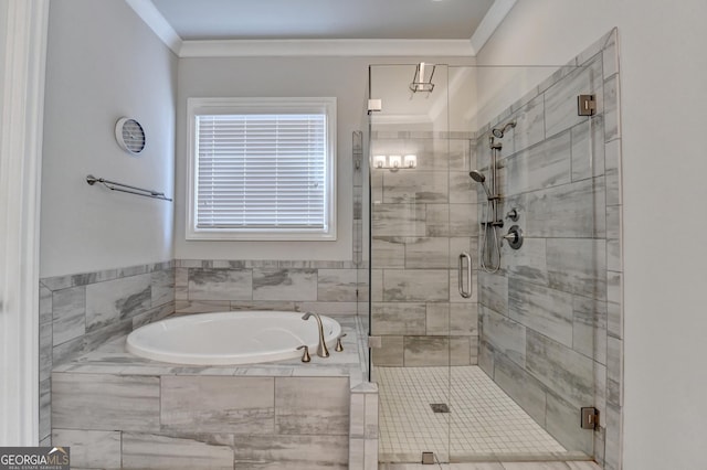 919 Olmsted Ln, Johns Creek, GA 30097 - full bathroom with a shower stall, crown molding, and a bath