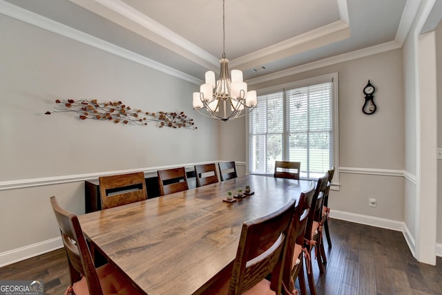 919 Olmsted Ln, Johns Creek, GA 30097 - dining space with a chandelier, a raised ceiling, baseboards, and dark wood-type flooring