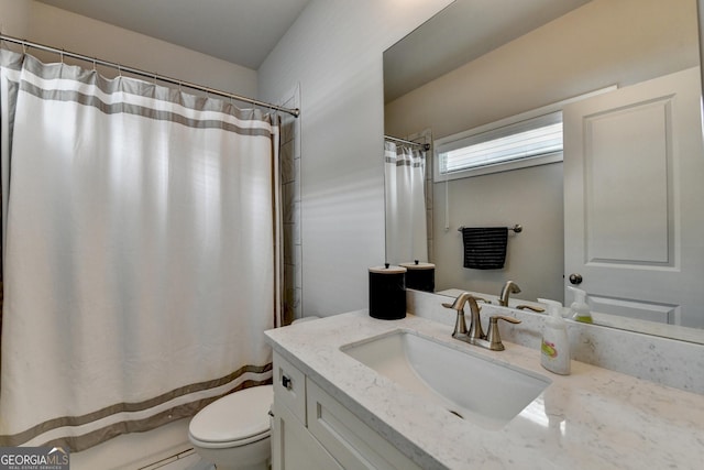 919 Olmsted Ln, Johns Creek, GA 30097 - bathroom featuring curtained shower, vanity, and toilet