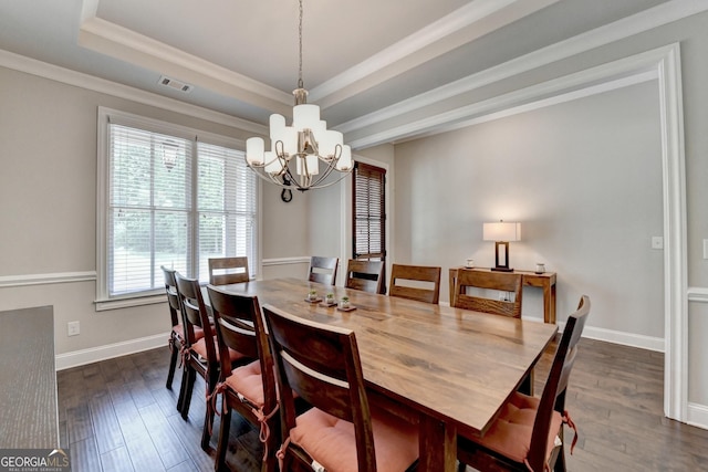 919 Olmsted Ln, Johns Creek, GA 30097 - dining space featuring a raised ceiling, a chandelier, visible vents, and dark wood-style flooring