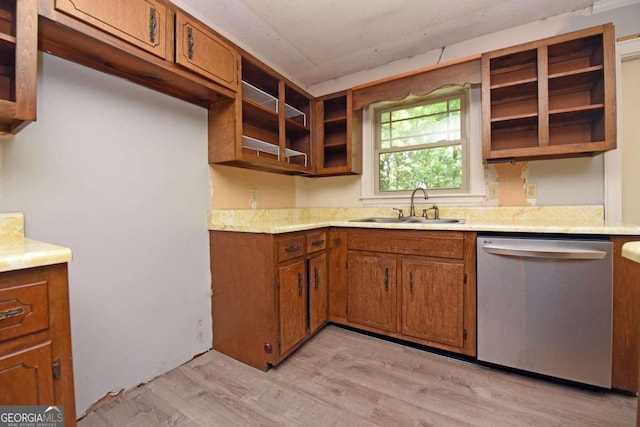 kitchen with open shelves, stainless steel dishwasher, brown cabinets, and a sink