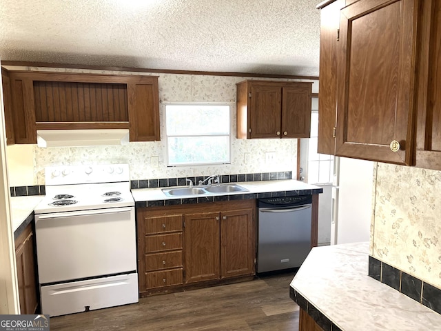 104 Scattered Pines Rd, Hortense, GA 31543 - kitchen featuring a sink, white electric stove, extractor fan, a textured ceiling, and dishwasher