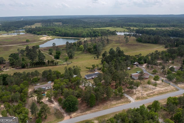 drone / aerial view with a water view and a forest view
