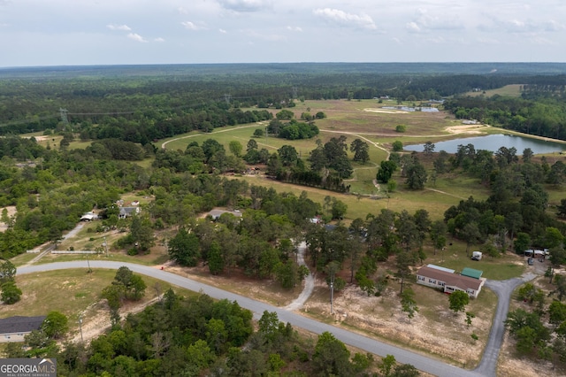 aerial view featuring a water view and a view of trees