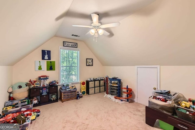 595 Mcgarity Dr, Mcdonough, GA 30252 - recreation room with vaulted ceiling, carpet, a ceiling fan, and visible vents