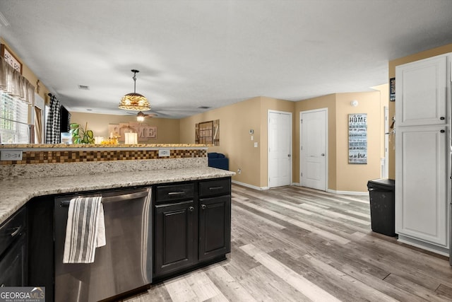 kitchen featuring dishwasher, baseboards, dark cabinets, white cabinetry, and light wood-type flooring