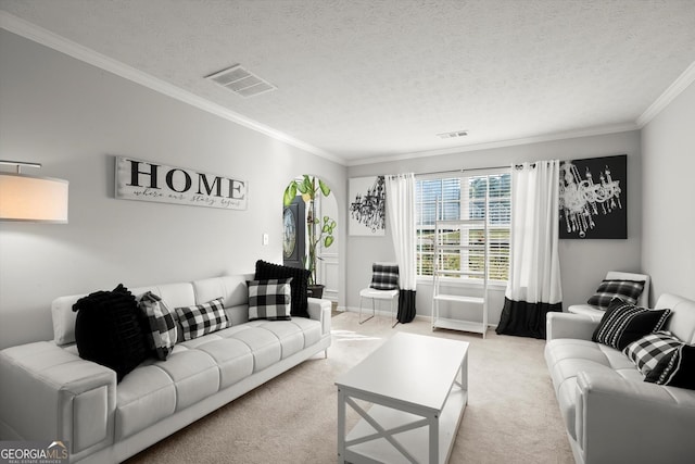 living room with light carpet, crown molding, visible vents, and a textured ceiling