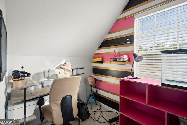 office area featuring lofted ceiling and carpet flooring