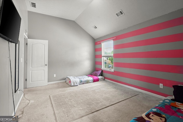 carpeted bedroom featuring baseboards, visible vents, and vaulted ceiling