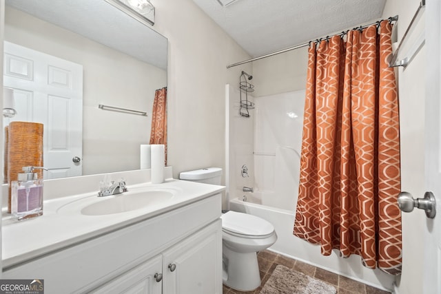 173 Kingswood Dr, Ellenwood, GA 30294 - bathroom featuring toilet, stone finish flooring, a textured ceiling, shower / bathtub combination with curtain, and vanity