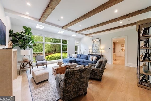 4500 Candacraig, Alpharetta, GA 30022 - living room with beam ceiling, light wood-style flooring, baseboards, and recessed lighting