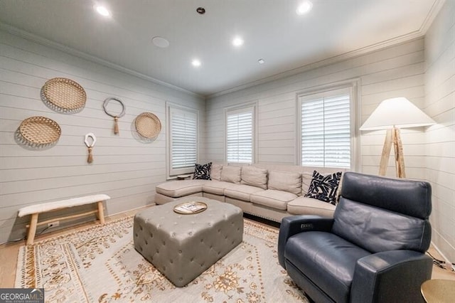 4500 Candacraig, Alpharetta, GA 30022 - living area featuring wood walls, ornamental molding, and recessed lighting