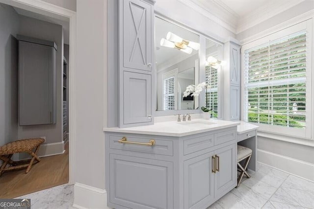 4500 Candacraig, Alpharetta, GA 30022 - bathroom featuring marble finish floor, baseboards, vanity, and ornamental molding