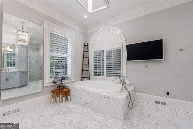 4500 Candacraig, Alpharetta, GA 30022 - bathroom with recessed lighting, ornamental molding, visible vents, and a bath