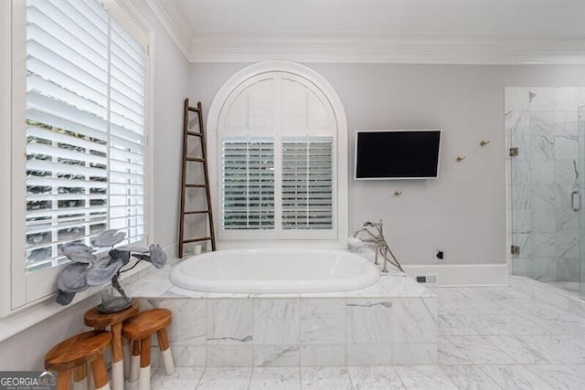 4500 Candacraig, Alpharetta, GA 30022 - full bath featuring a marble finish shower, crown molding, a bath, visible vents, and marble finish floor