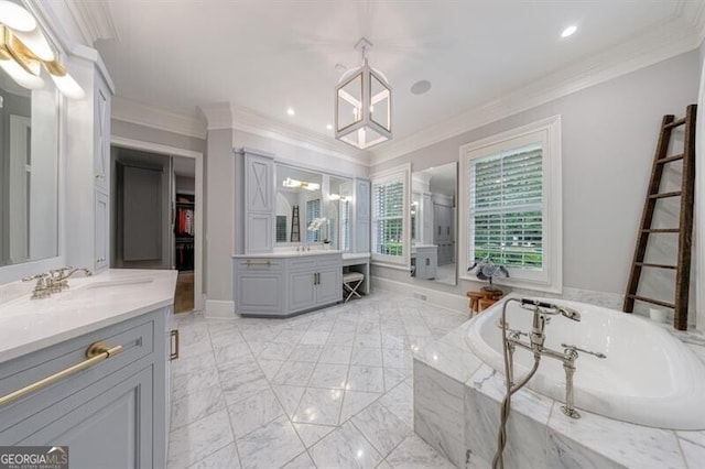 4500 Candacraig, Alpharetta, GA 30022 - full bath featuring a notable chandelier, marble finish floor, ornamental molding, a bath, and vanity