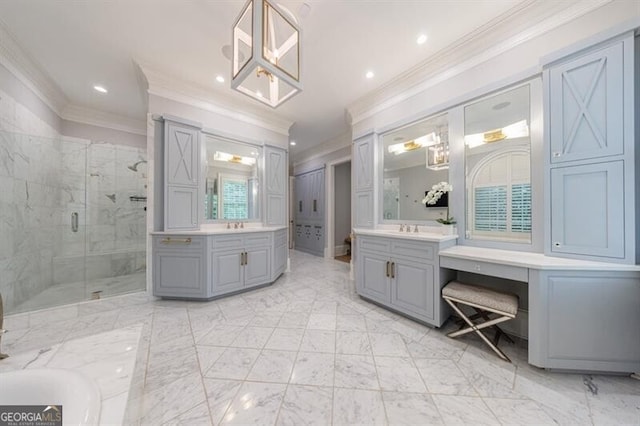 4500 Candacraig, Alpharetta, GA 30022 - bathroom featuring crown molding, a marble finish shower, two vanities, and recessed lighting