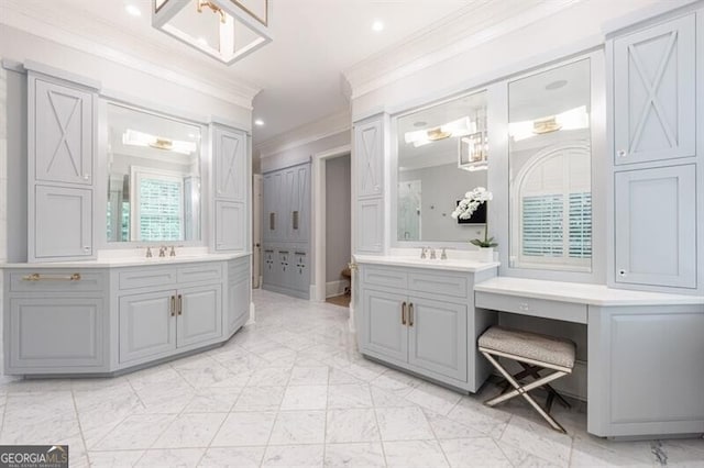 4500 Candacraig, Alpharetta, GA 30022 - full bath with two vanities, marble finish floor, crown molding, and a sink