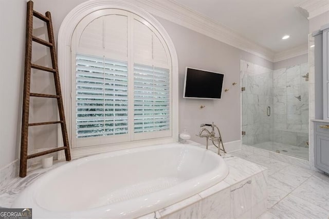 4500 Candacraig, Alpharetta, GA 30022 - full bathroom with crown molding, plenty of natural light, a stall shower, and a bath