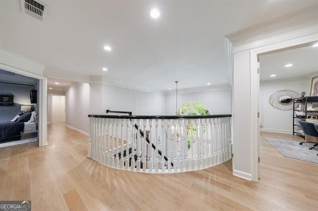 4500 Candacraig, Alpharetta, GA 30022 - hallway with baseboards, ornamental molding, visible vents, and wood finished floors