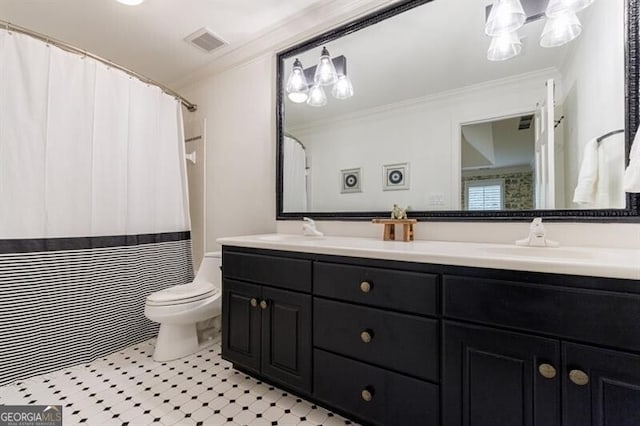 4500 Candacraig, Alpharetta, GA 30022 - bathroom with toilet, ornamental molding, visible vents, a sink, and double vanity