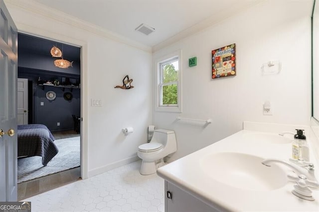 4500 Candacraig, Alpharetta, GA 30022 - ensuite bathroom with toilet, crown molding, visible vents, ensuite bath, and vanity