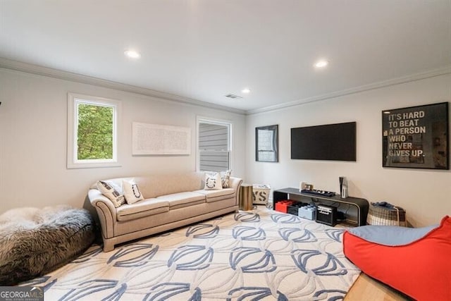 4500 Candacraig, Alpharetta, GA 30022 - living room with crown molding, visible vents, and recessed lighting