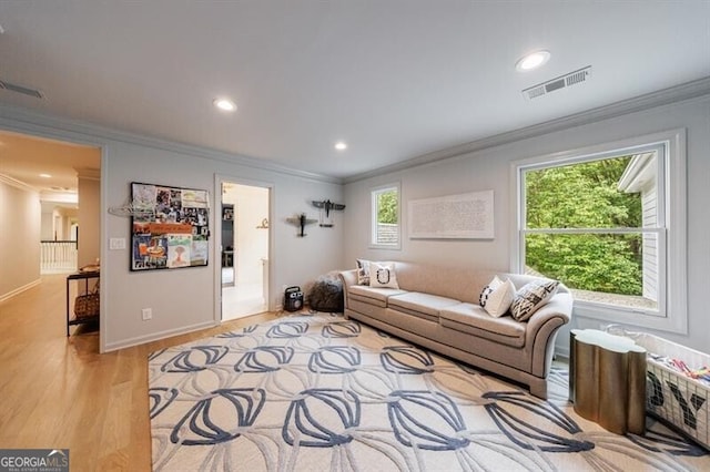 4500 Candacraig, Alpharetta, GA 30022 - living room with recessed lighting, ornamental molding, visible vents, and wood finished floors