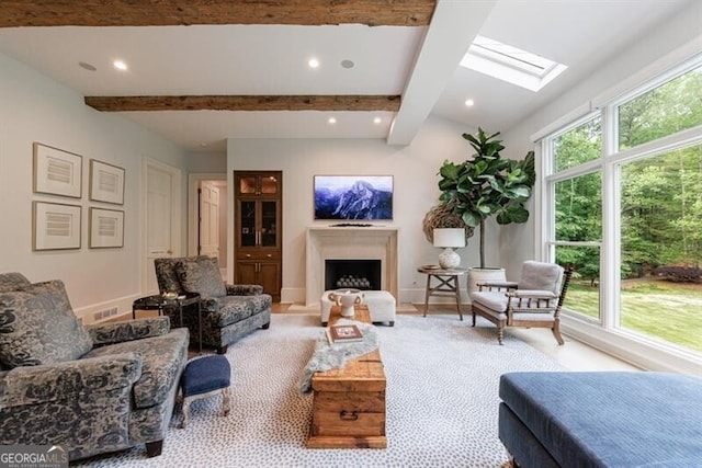 4500 Candacraig, Alpharetta, GA 30022 - living area with visible vents, a fireplace, a skylight, and recessed lighting