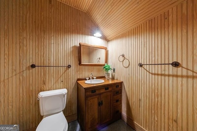 4500 Candacraig, Alpharetta, GA 30022 - half bathroom with toilet, wooden walls, wooden ceiling, vaulted ceiling, and vanity