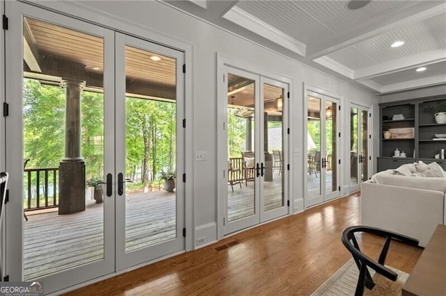 4290 Bobbins Way, Cumming, GA 30041 - doorway to outside featuring french doors, wood finished floors, beamed ceiling, plenty of natural light, and recessed lighting
