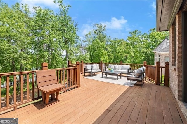 4290 Bobbins Way, Cumming, GA 30041 - wooden deck featuring an outdoor hangout area and view of scattered trees