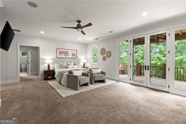 4290 Bobbins Way, Cumming, GA 30041 - bedroom featuring carpet, access to exterior, recessed lighting, baseboards, and crown molding