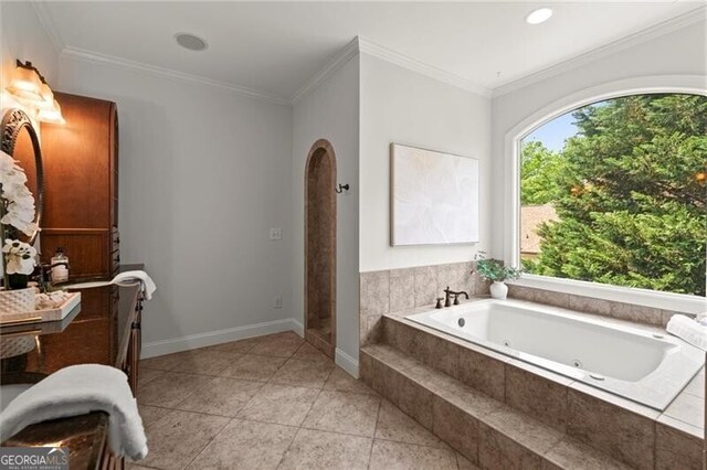 4290 Bobbins Way, Cumming, GA 30041 - full bath with a whirlpool tub, ornamental molding, and tile patterned floors