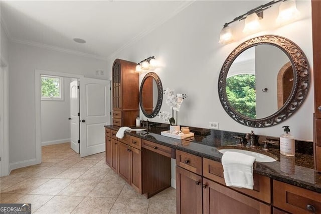 4290 Bobbins Way, Cumming, GA 30041 - bathroom with ornamental molding, tile patterned flooring, double vanity, and baseboards