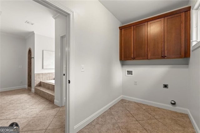 4290 Bobbins Way, Cumming, GA 30041 - laundry room featuring cabinet space, light tile patterned floors, hookup for a washing machine, baseboards, and hookup for an electric dryer