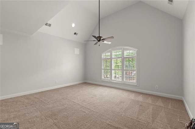 4290 Bobbins Way, Cumming, GA 30041 - spare room featuring a ceiling fan, carpet, baseboards, and high vaulted ceiling
