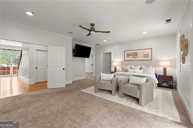 4290 Bobbins Way, Cumming, GA 30041 - bedroom featuring light colored carpet, crown molding, baseboards, recessed lighting, and a ceiling fan