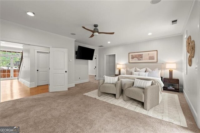 4290 Bobbins Way, Cumming, GA 30041 - bedroom with light colored carpet, ornamental molding, recessed lighting, and ceiling fan