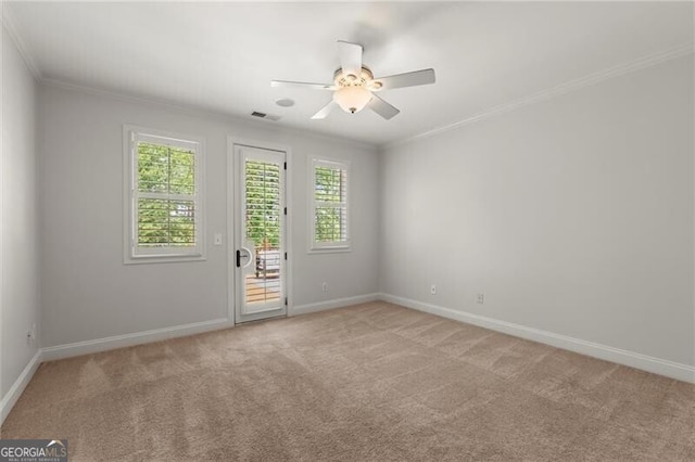4290 Bobbins Way, Cumming, GA 30041 - empty room featuring ornamental molding, baseboards, a ceiling fan, and light colored carpet