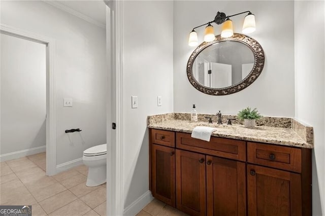 4290 Bobbins Way, Cumming, GA 30041 - bathroom featuring tile patterned floors, vanity, toilet, baseboards, and crown molding