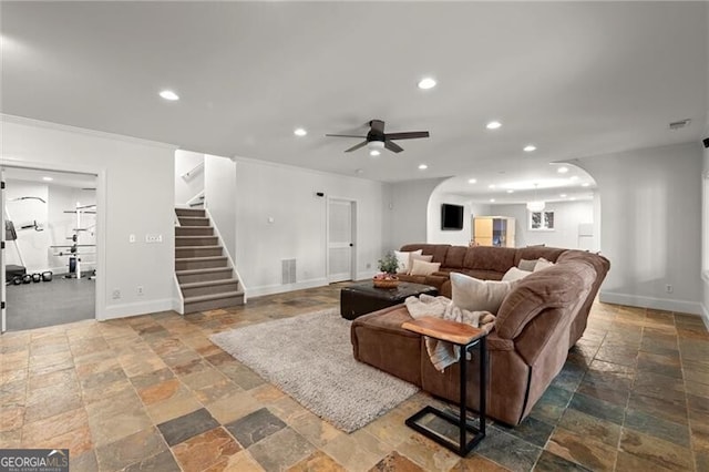 4290 Bobbins Way, Cumming, GA 30041 - living room with stone tile floors, recessed lighting, a ceiling fan, stairway, and baseboards