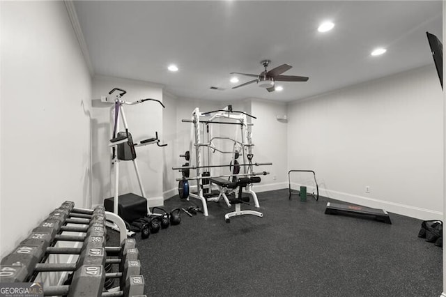 4290 Bobbins Way, Cumming, GA 30041 - workout room featuring recessed lighting, ceiling fan, ornamental molding, and baseboards