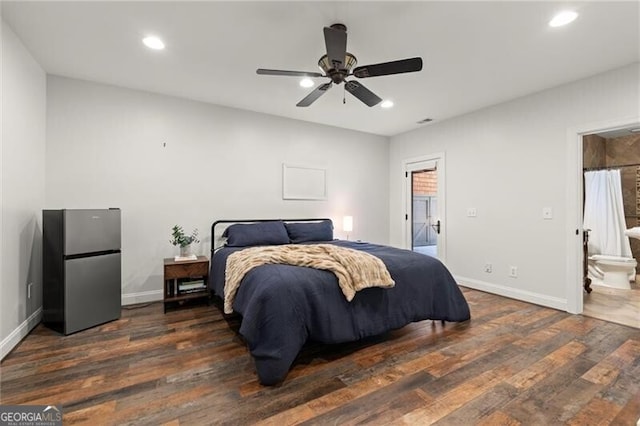4290 Bobbins Way, Cumming, GA 30041 - bedroom featuring freestanding refrigerator, wood finished floors, recessed lighting, baseboards, and a ceiling fan