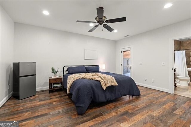 4290 Bobbins Way, Cumming, GA 30041 - bedroom featuring freestanding refrigerator, wood finished floors, recessed lighting, and a ceiling fan