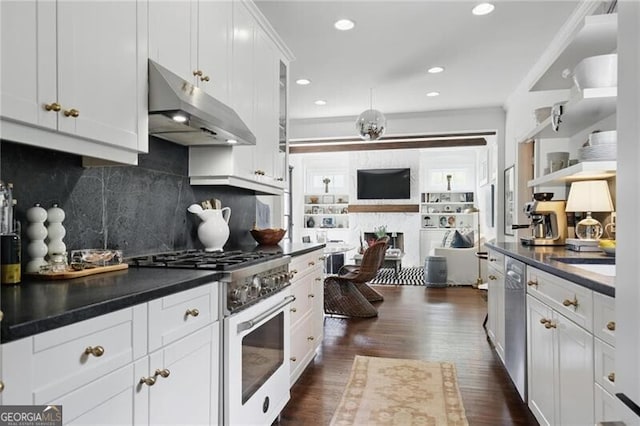 820 Wilson Rd NW, Atlanta, GA 30318 - kitchen with under cabinet range hood, dishwasher, high end white range, dark countertops, and white cabinets