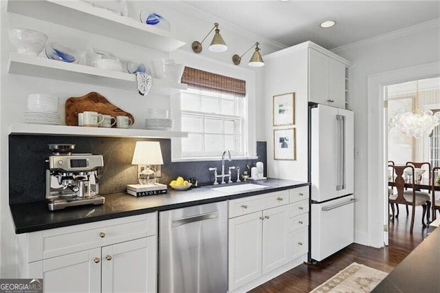 820 Wilson Rd NW, Atlanta, GA 30318 - kitchen featuring dishwasher, ornamental molding, a sink, open shelves, and high end white refrigerator