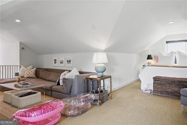 820 Wilson Rd NW, Atlanta, GA 30318 - living area featuring vaulted ceiling, carpet flooring, baseboards, and recessed lighting