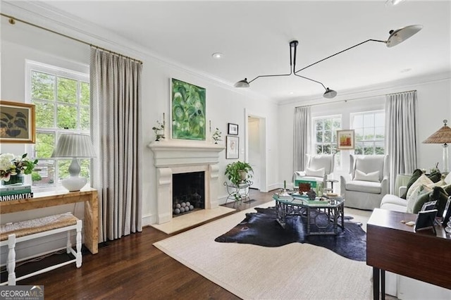 820 Wilson Rd NW, Atlanta, GA 30318 - living area featuring wood finished floors, a fireplace with raised hearth, ornamental molding, and recessed lighting
